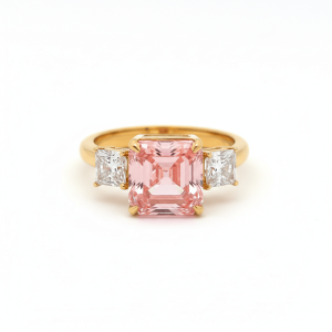 3.54 Carat Lab-Grown Fancy Pink Square Emerald Cut Diamond Ring in 14K Yellow Gold